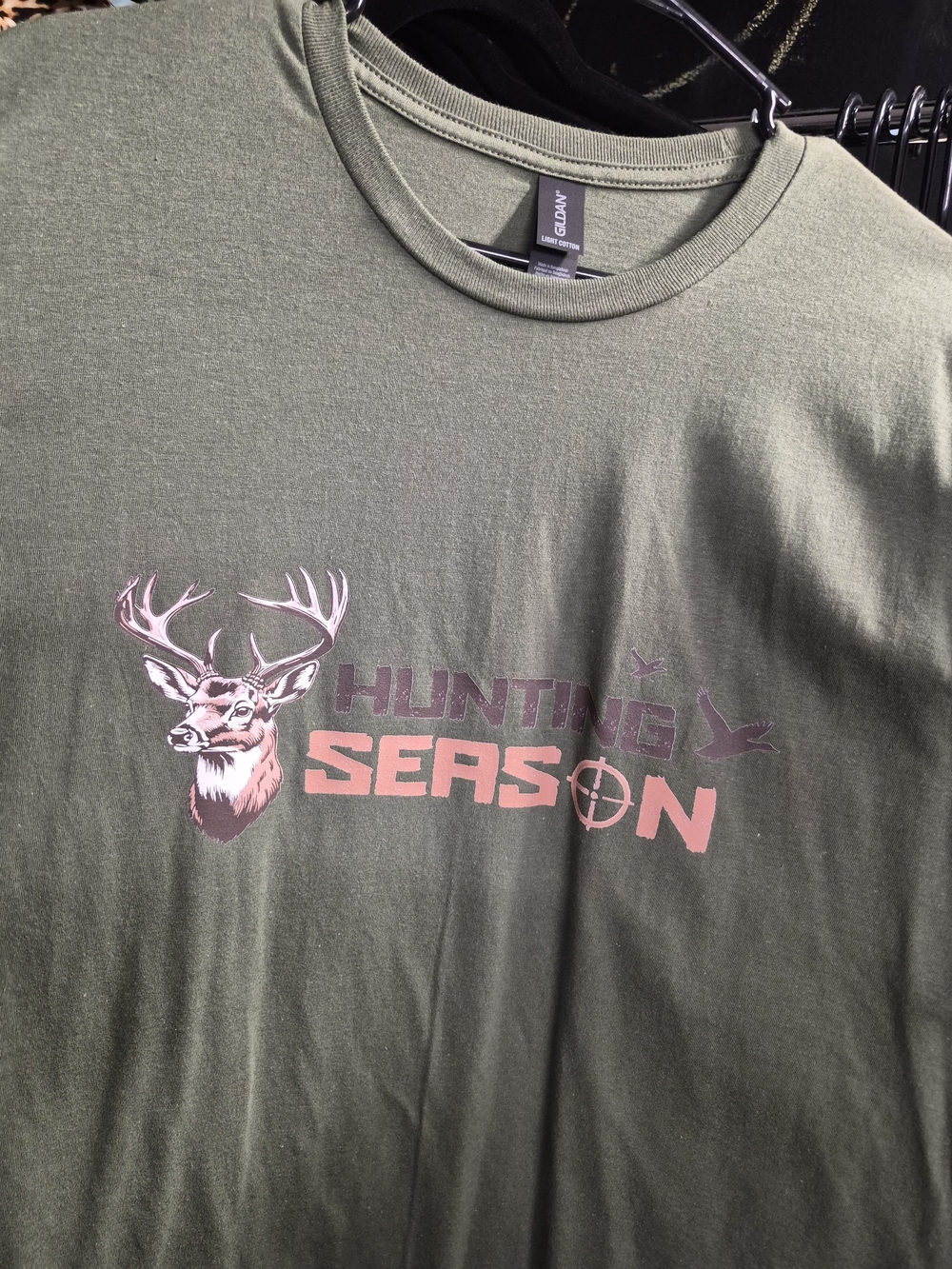 Men's Gildan Olive Green 'Hunting Season' Graphic Tee with Deer Print